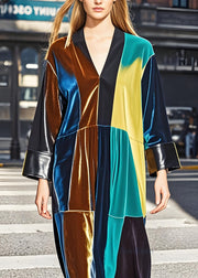 Chic Colorblock V Neck Patchwork Velvet Dresses Long Sleeve