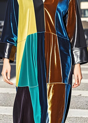 Chic Colorblock V Neck Patchwork Velvet Dresses Long Sleeve