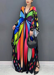 Chic Colorblock V Neck Print Cotton Maxi Dresses Batwing Sleeve