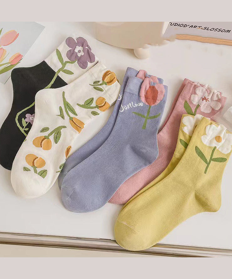 Chic Cute Floral Jacquard Cotton Mid Calf Socks