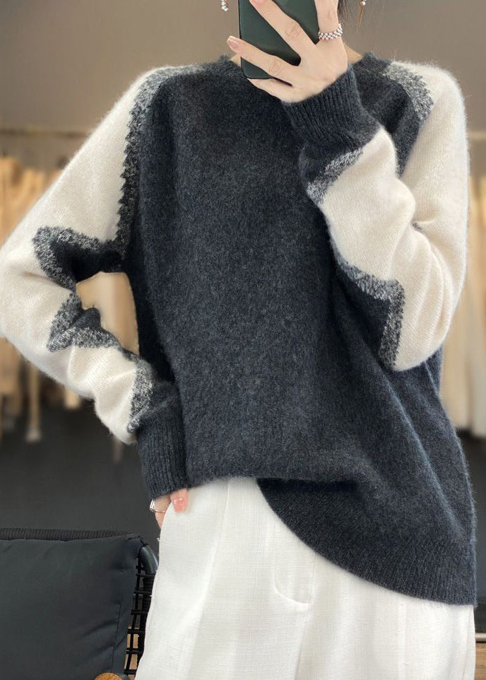 Chic Dark Gray O Neck Patchwork Cozy Wool Sweaters Spring