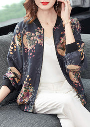 Chic Dark Gray Zip Up Print Pockets Patchwork Silk Coats Fall