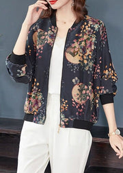 Chic Dark Gray Zip Up Print Pockets Patchwork Silk Coats Fall