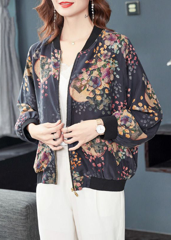 Chic Dark Gray Zip Up Print Pockets Patchwork Silk Coats Fall