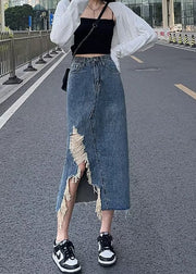 Chic Denim Blue Asymmetrical Patchwork Pockets A Line Skirt