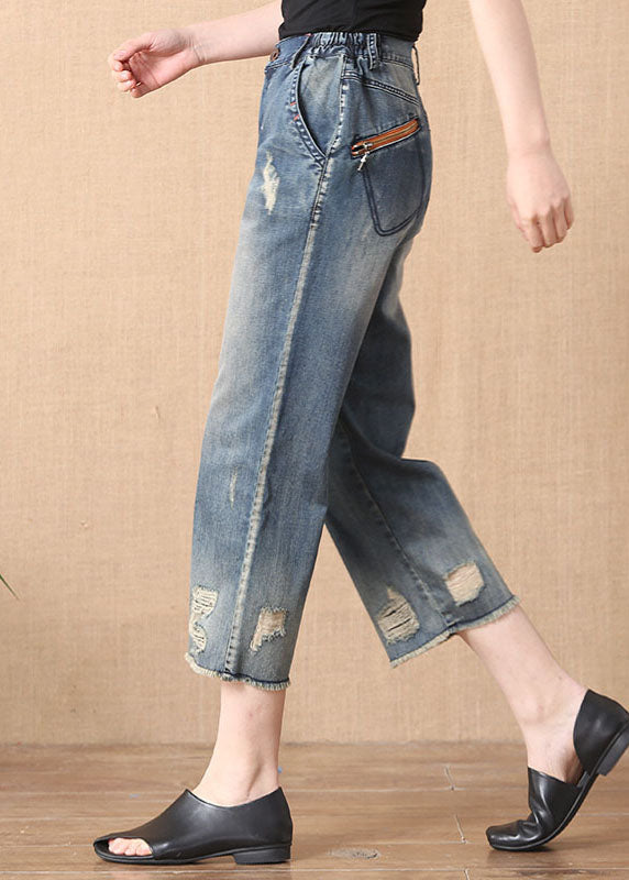 Chic Denim Blue Elastic Waist Zip Up Pockets Hole Cotton Crop Pants Summer