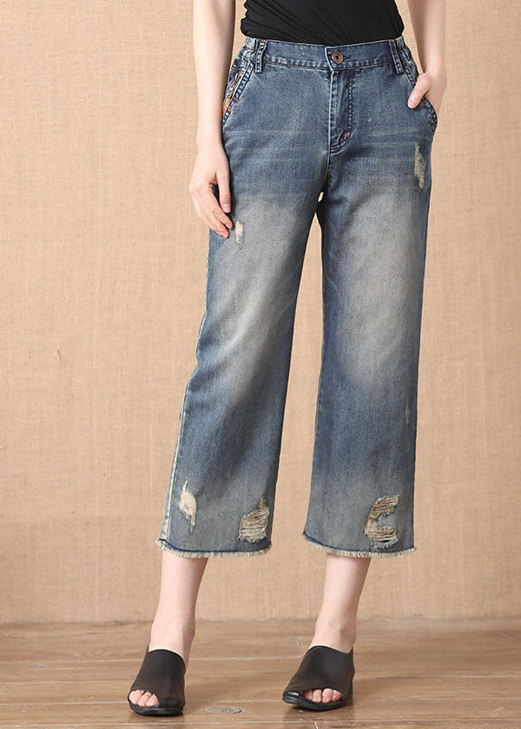 Chic Denim Blue Elastic Waist Zip Up Pockets Hole Cotton Crop Pants Summer