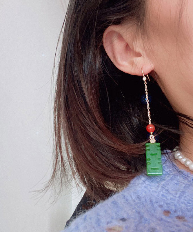 Chic Dry Green Agate Sterling Silver Tassel Drop Earrings