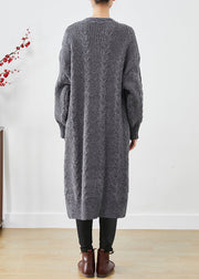 Chic Dull Grey V Neck Button Thick Cable Knit Long Cardigans Fall