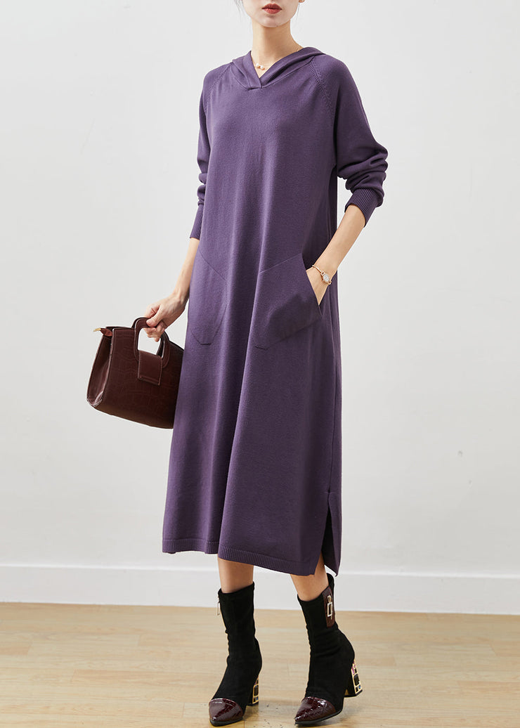 Chic Dull Purple Hooded Side Open Knit Dress Spring