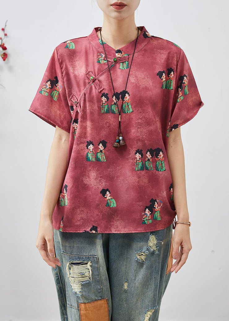 Chic Dull Red Print Chinese Button Silk Shirt Summer