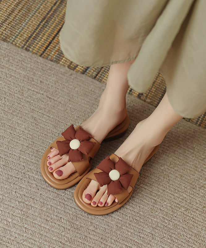 Chic Floral Splicing Brown Cowhide Leather Slide Sandals