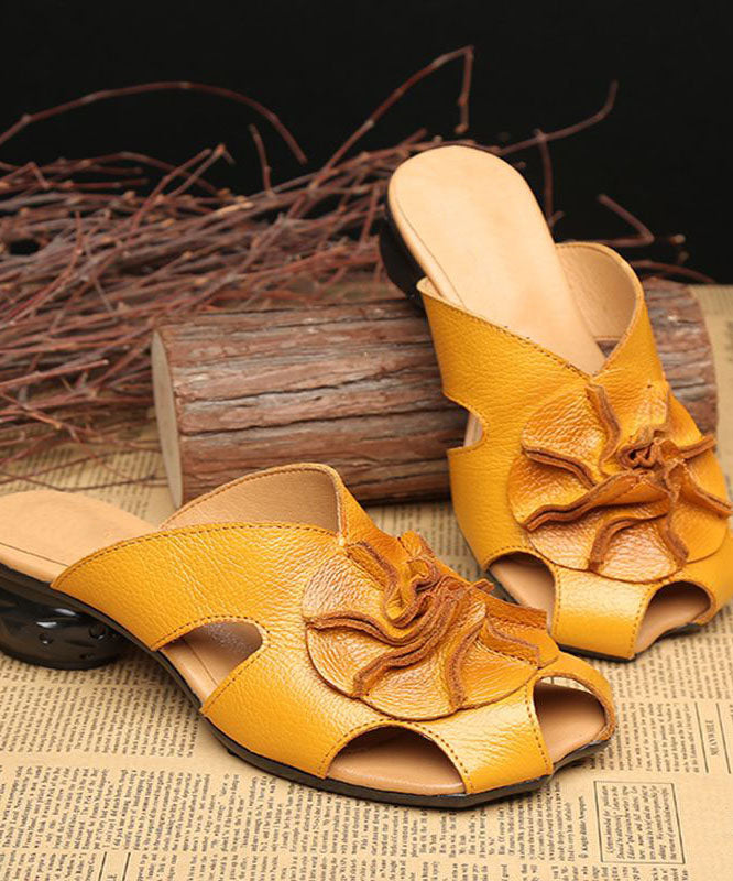 Chic Floral Splicing Yellow Cowhide Leather Slide Sandals