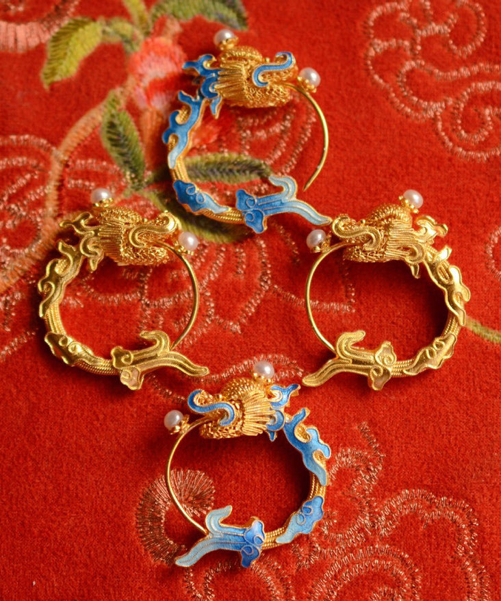 Chic Gold Copper Overgild Pearl Enamel Drago Hoop Earrings