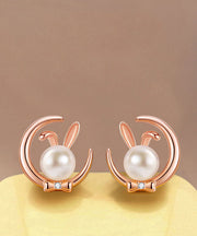 Chic Gold Cute Rabbit Pearl S925 Silver Stud Earrings