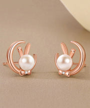 Chic Gold Cute Rabbit Pearl S925 Silver Stud Earrings