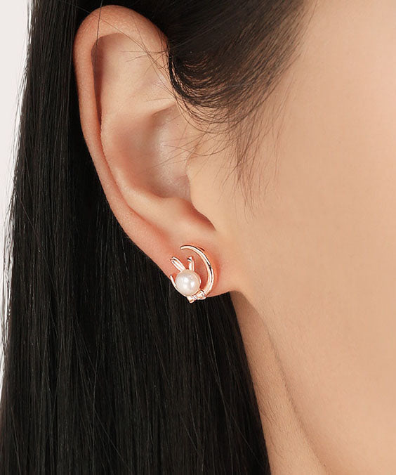 Chic Gold Cute Rabbit Pearl S925 Silver Stud Earrings