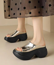 Chic Gold Platform Heels Faux Leather Slide Sandals Peep Toe