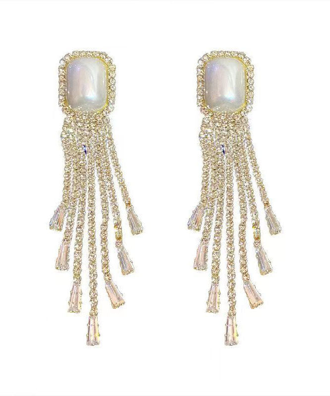 Chic Gold Sterling Silver Alloy Zircon Pearl Tassel Drop Earrings