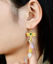 Chic Gold Sterling Silver Overgild Inlaid Jade Tassel Dragonfly Drop Earrings