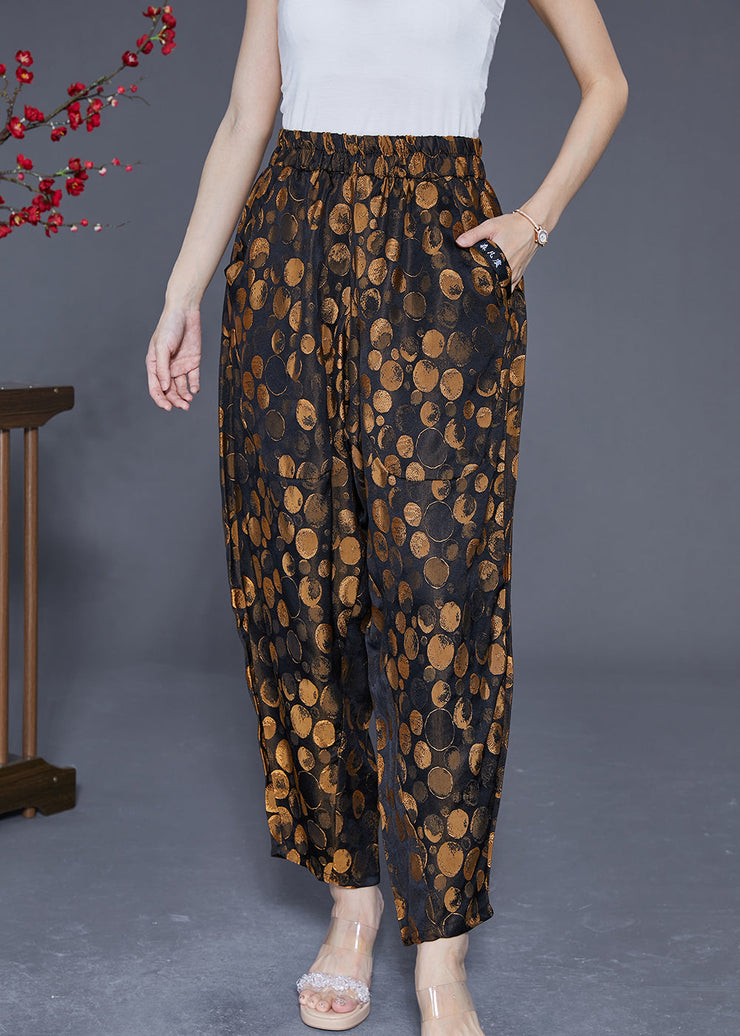 Chic Golden Dot Elastic Waist Pockets Silk Harem Pants Summer