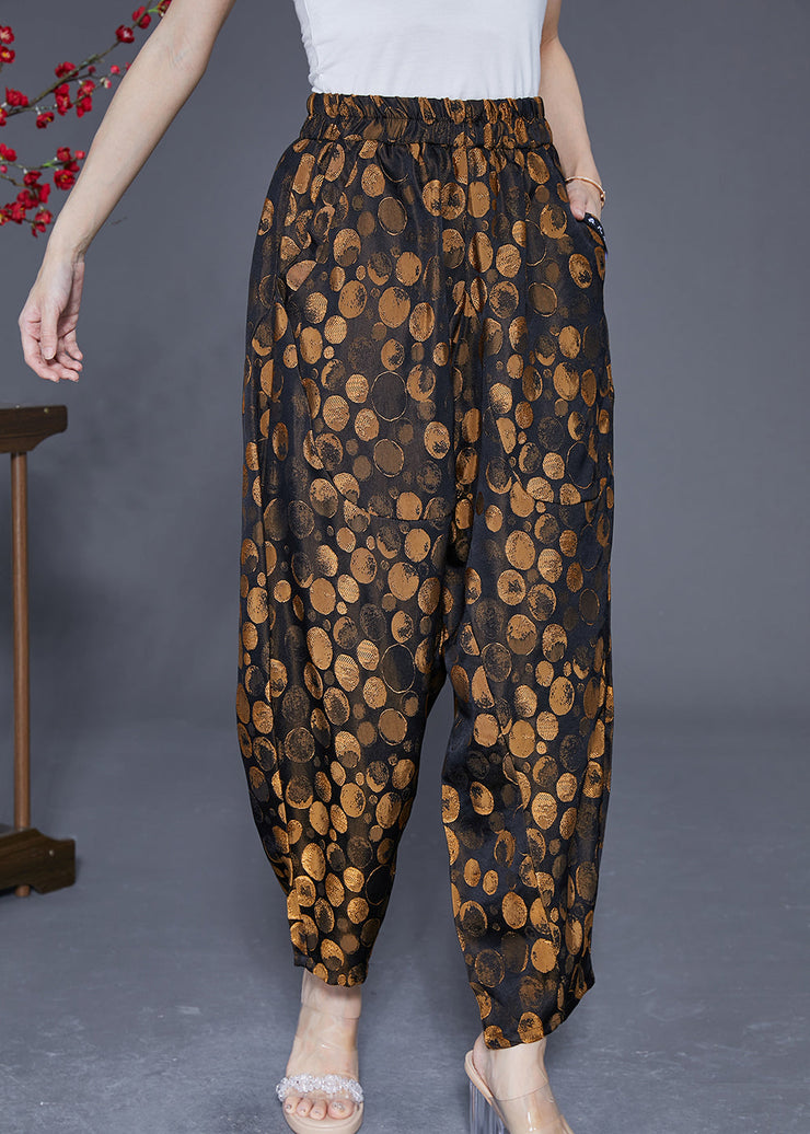 Chic Golden Dot Elastic Waist Pockets Silk Harem Pants Summer