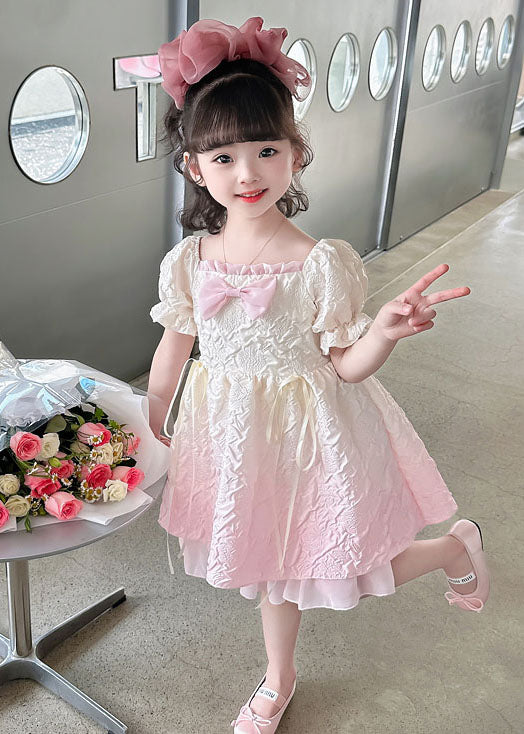 Chic Gradient Pink Ruffled Patchwork Cotton Kids Girls Dresses Summer