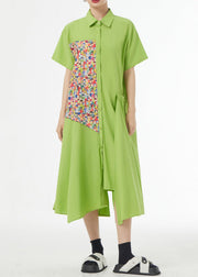 Chic Grass Green Asymmetrical Button Patchwork Silk Cotton Shirts Dress Summer