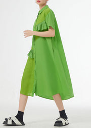 Chic Grass Green Ruffled Button Patchwork Cotton Shirts Dress Summer