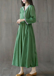 Chic Green Asymmetrical Design Tie Waist Cotton Holiday Dress Spring