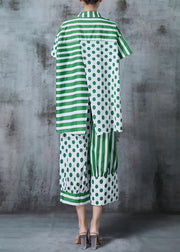 Chic Green Asymmetrical Patchwork Print Cotton Two Pieces Set Summer