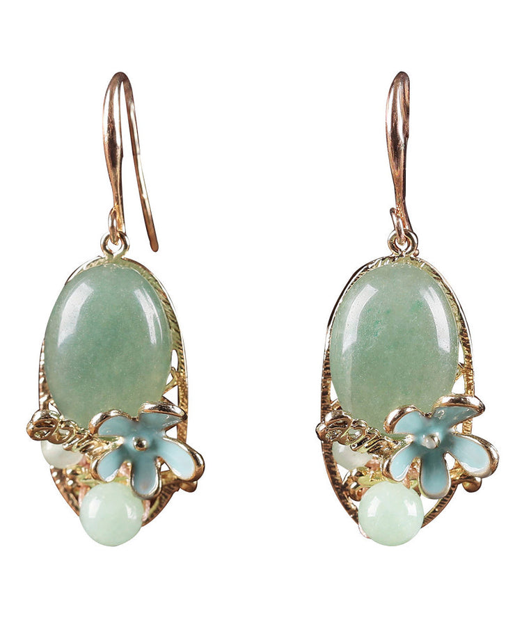 Chic Green Copper Pearl Jade Cloisonne Drop Earrings