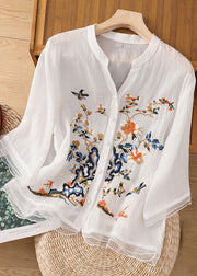 Chic White-a quarter flower Embroideried Button Patchwork Linen Top Bracelet Sleeve