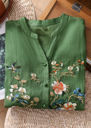 Chic Green Embroideried Button Patchwork Linen Top Bracelet Sleeve