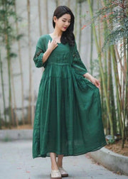 Chic Green Embroideried Hollow Out Patchwork Linen Dresses Summer