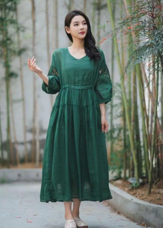 Chic Green Embroideried Hollow Out Patchwork Linen Dresses Summer