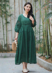 Chic Green Embroideried Hollow Out Patchwork Linen Dresses Summer