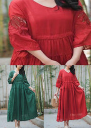 Chic Green Embroideried Hollow Out Patchwork Linen Dresses Summer