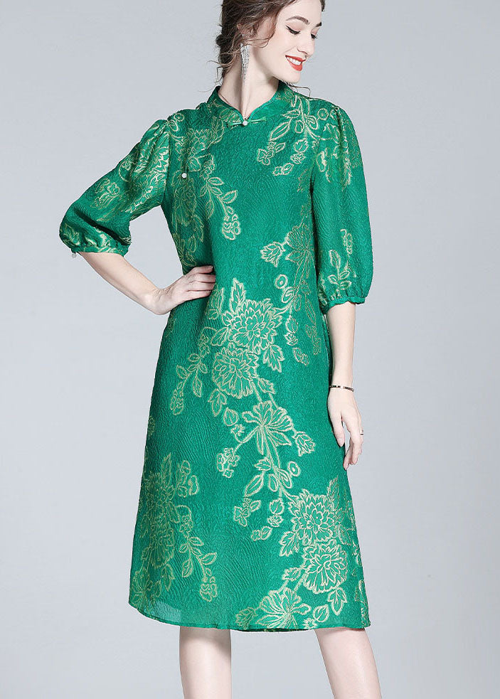 Chic Green Embroideried Patchwork Chinese Button Silk Dresses Summer