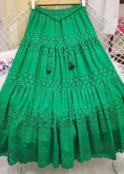 Chic Green Embroideried Tasseled Hollow Out Cotton Skirt Summer