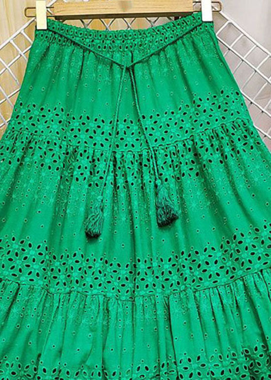 Chic Green Embroideried Tasseled Hollow Out Cotton Skirt Summer