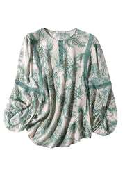 Chic Green Lace Patchwork Button Silk Top Spring