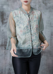 Chic Green Mandarin Collar Embroidered Tulle Shirt Tops Summer