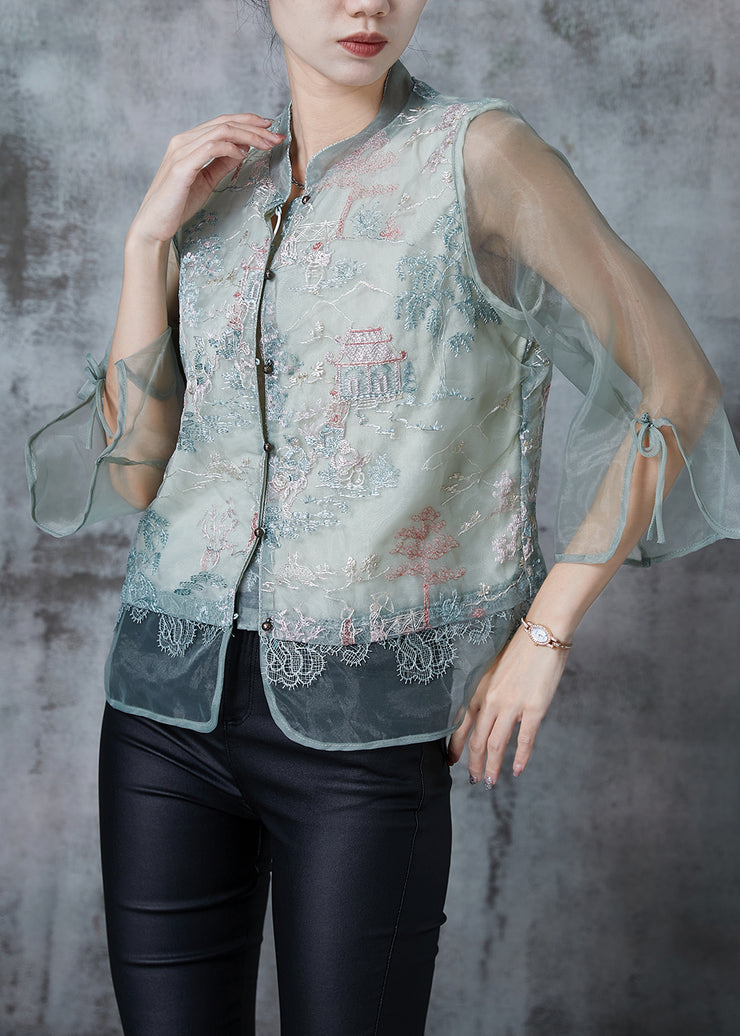 Chic Green Mandarin Collar Embroidered Tulle Shirt Tops Summer