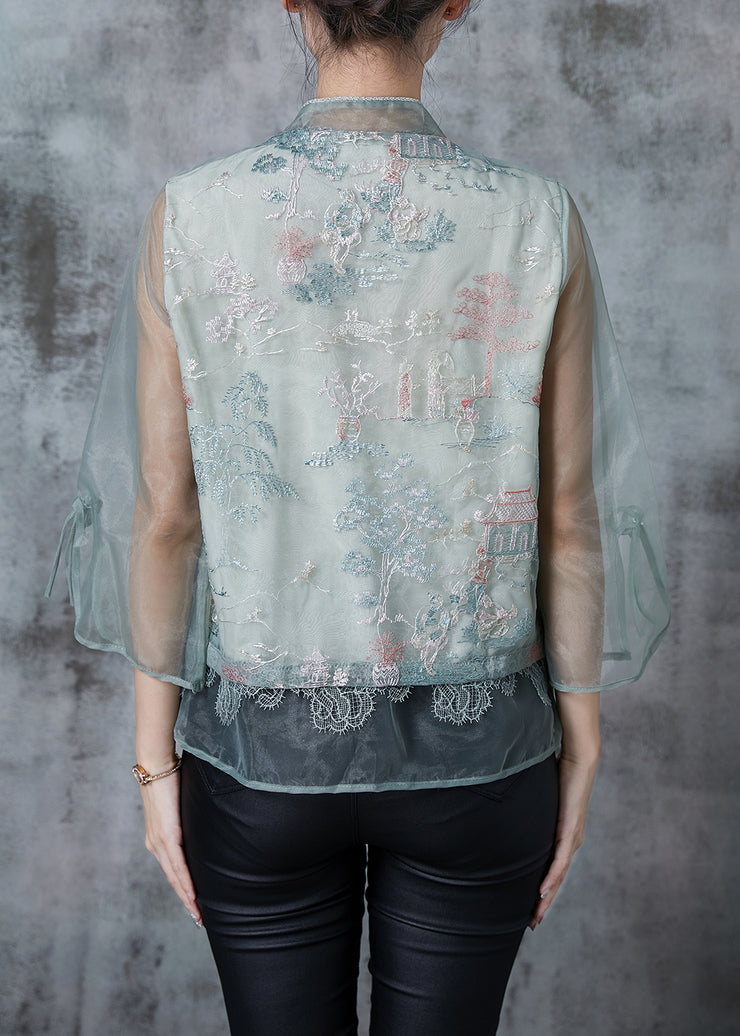 Chic Green Mandarin Collar Embroidered Tulle Shirt Tops Summer