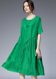 Chic Green O-Neck Asymmetrical Silk Holiday Dresses Short Sleeve