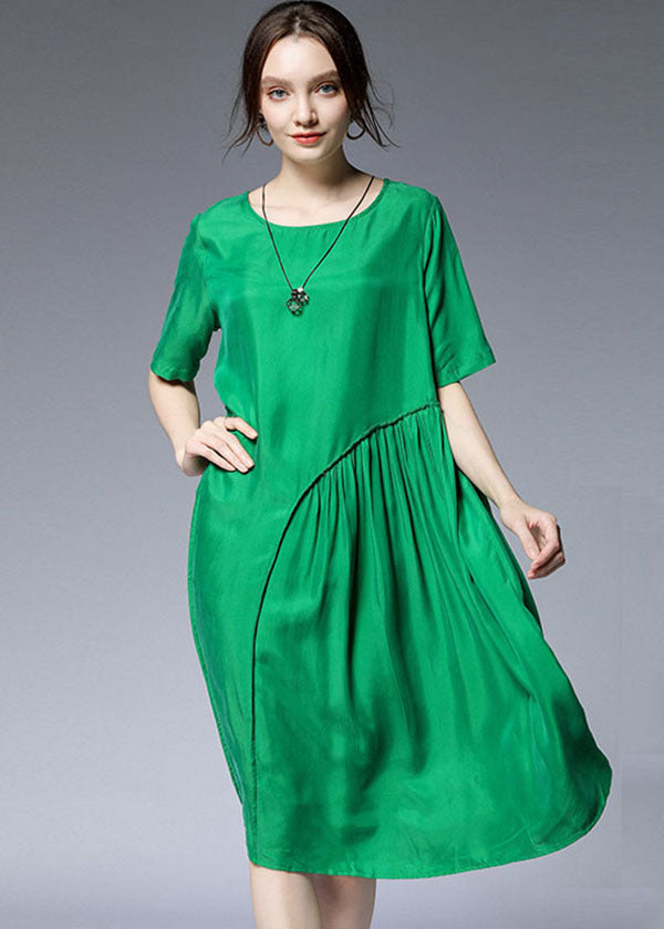 Chic Green O-Neck Asymmetrical Silk Holiday Dresses Short Sleeve