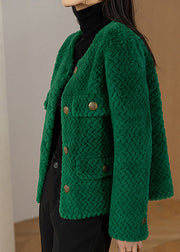 Chic Green O-Neck Button Woolen Coat Long Sleeve