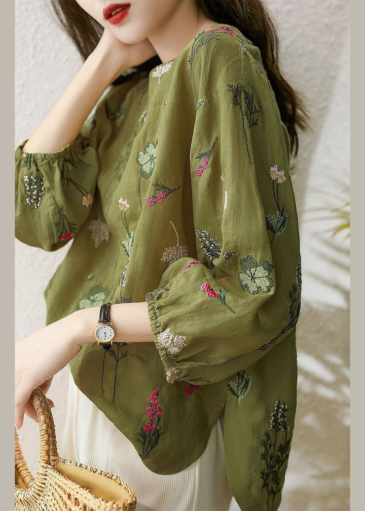 Chic Green O-Neck Embroideried Patchwork Cotton Tops Summer