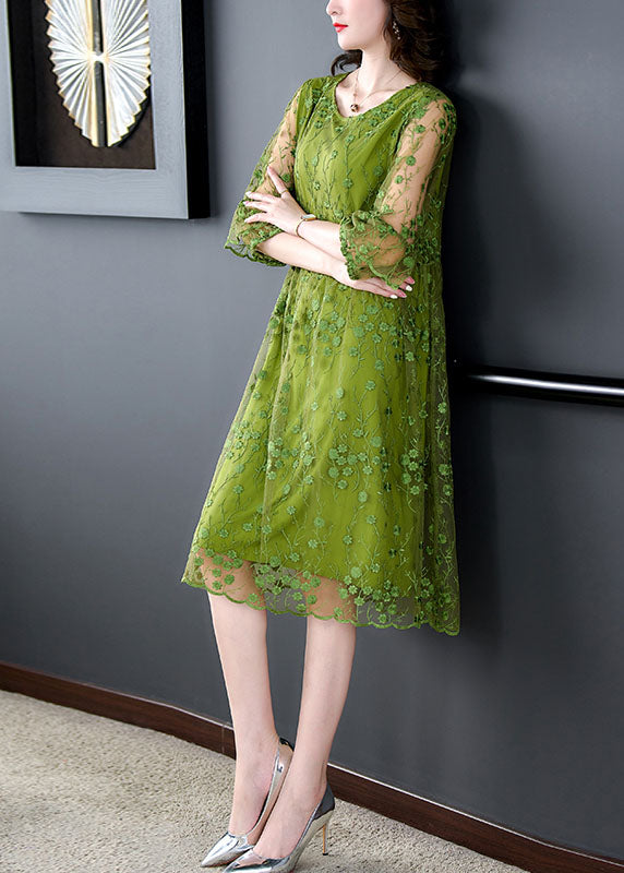 Chic Green O Neck Embroidered Patchwork Tulle Mid Dress Summer